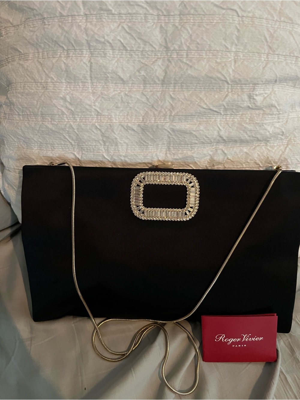 Roger Vivier Black Satin Evening Shoulder Strap Clutch with Crystal Buckle